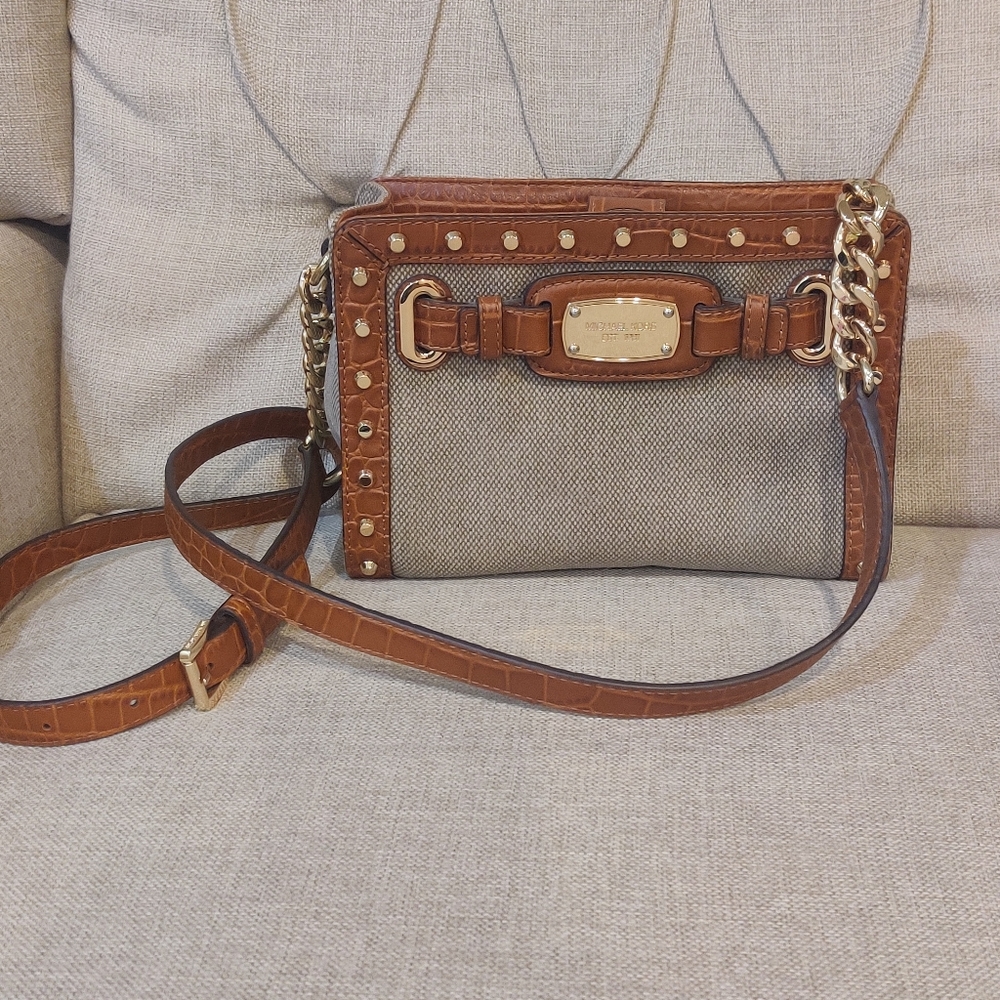 Michael Kors Gold Studded Small Crossbody Bag Purse Canvas Chain Leather tan